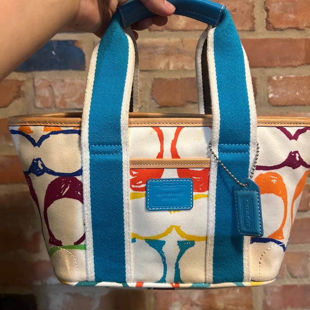 Coach Multicolor Canvas Mini Tote with Teal Straps